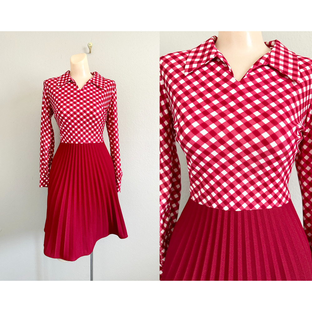 Vintage 60s 70s Red Check Skater Accordion Pleated Dagger Collar Mod Red Dress